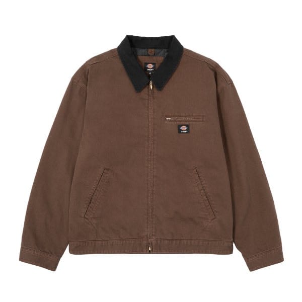 Front view of the brown HUF and Dickies Painter Jacket with a dark contrast collar.