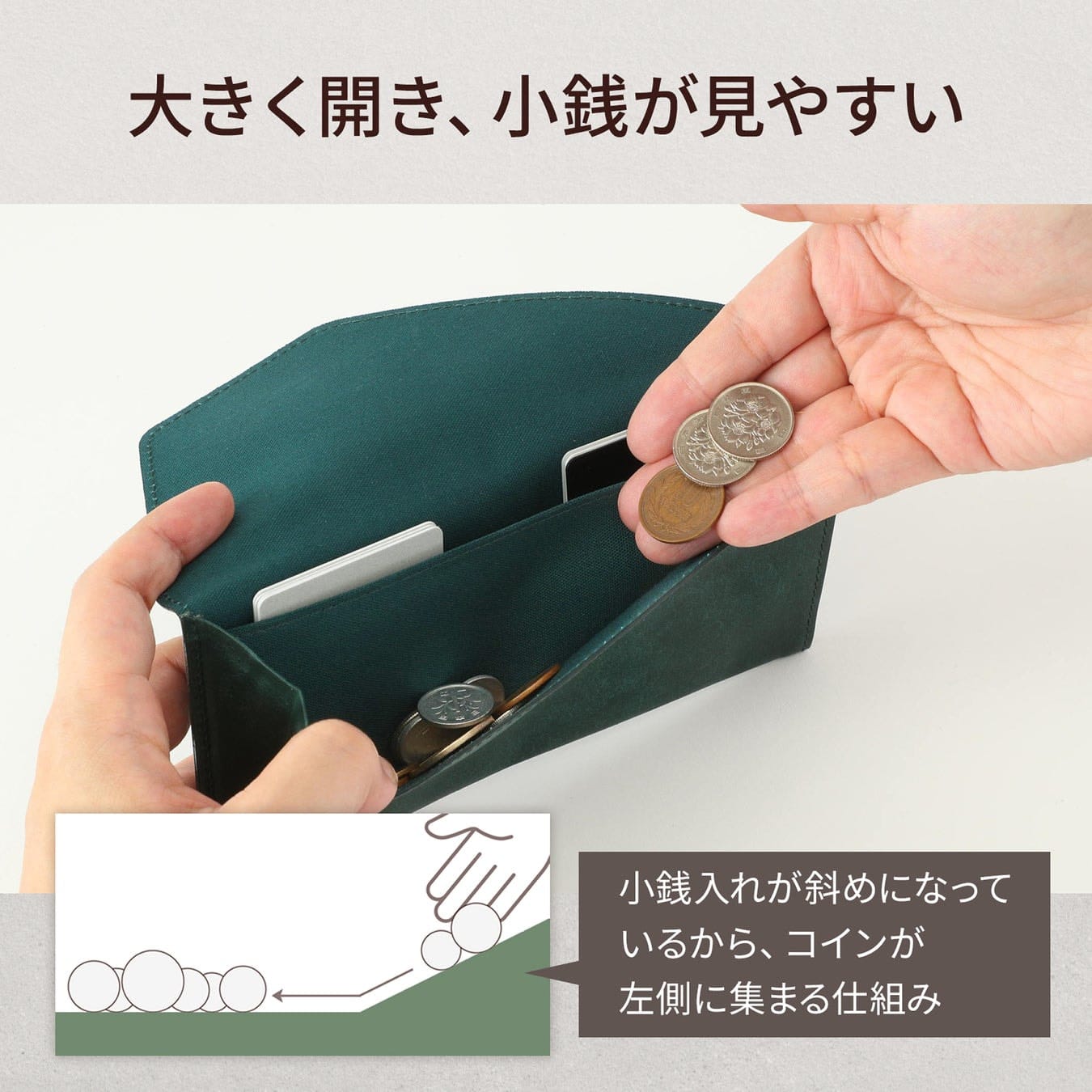Official abrAsus image of the Pueblo Travel Wallet opened to show its coin compartment.