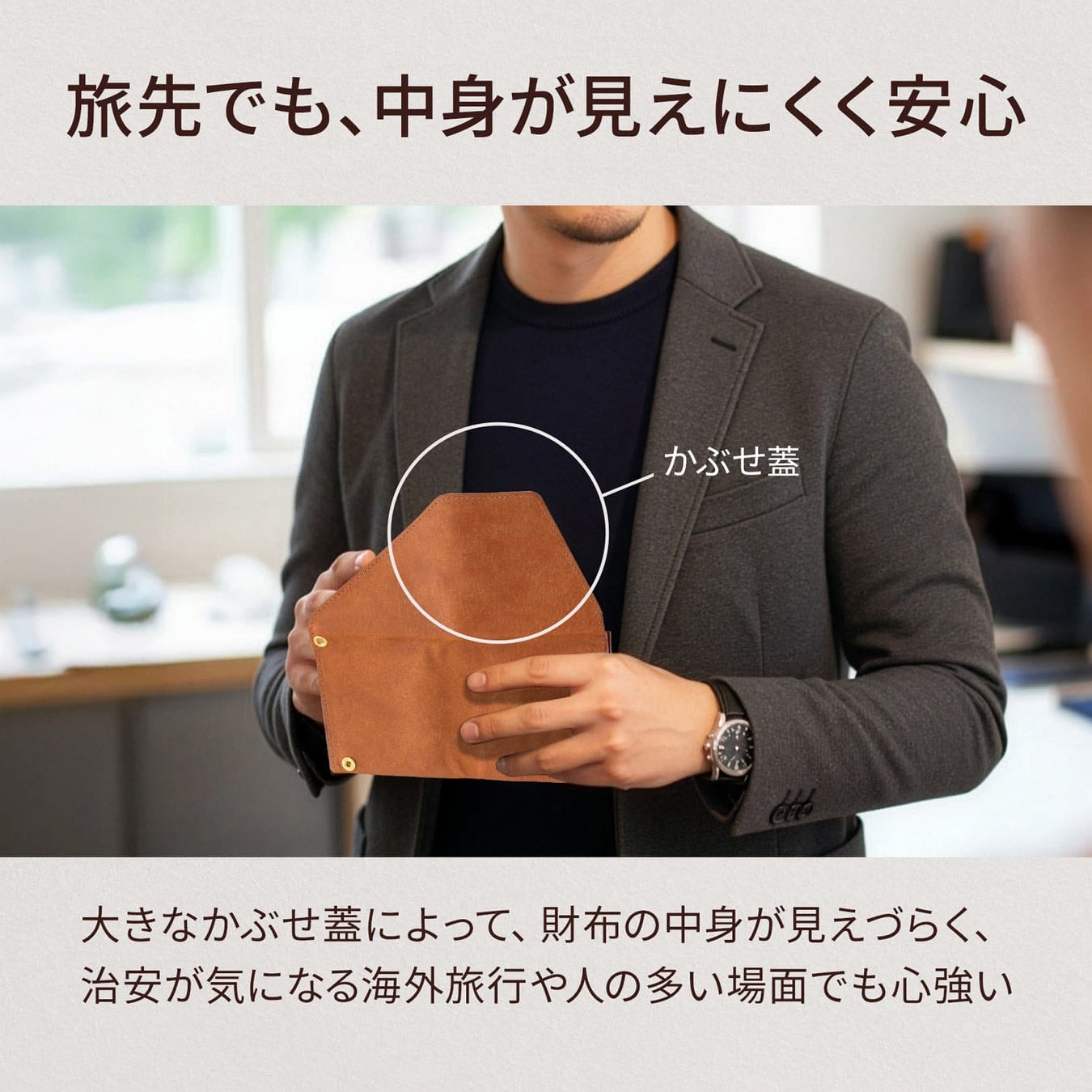 A person holding an open Terracotta abrAsus Pueblo Travel Wallet with its flap facing outward.