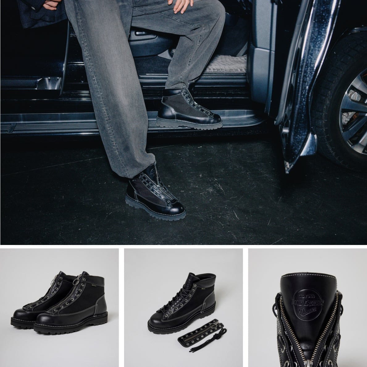 Official Field R Urban image board showing worn boots, the removable zipper unit and tongue branding.