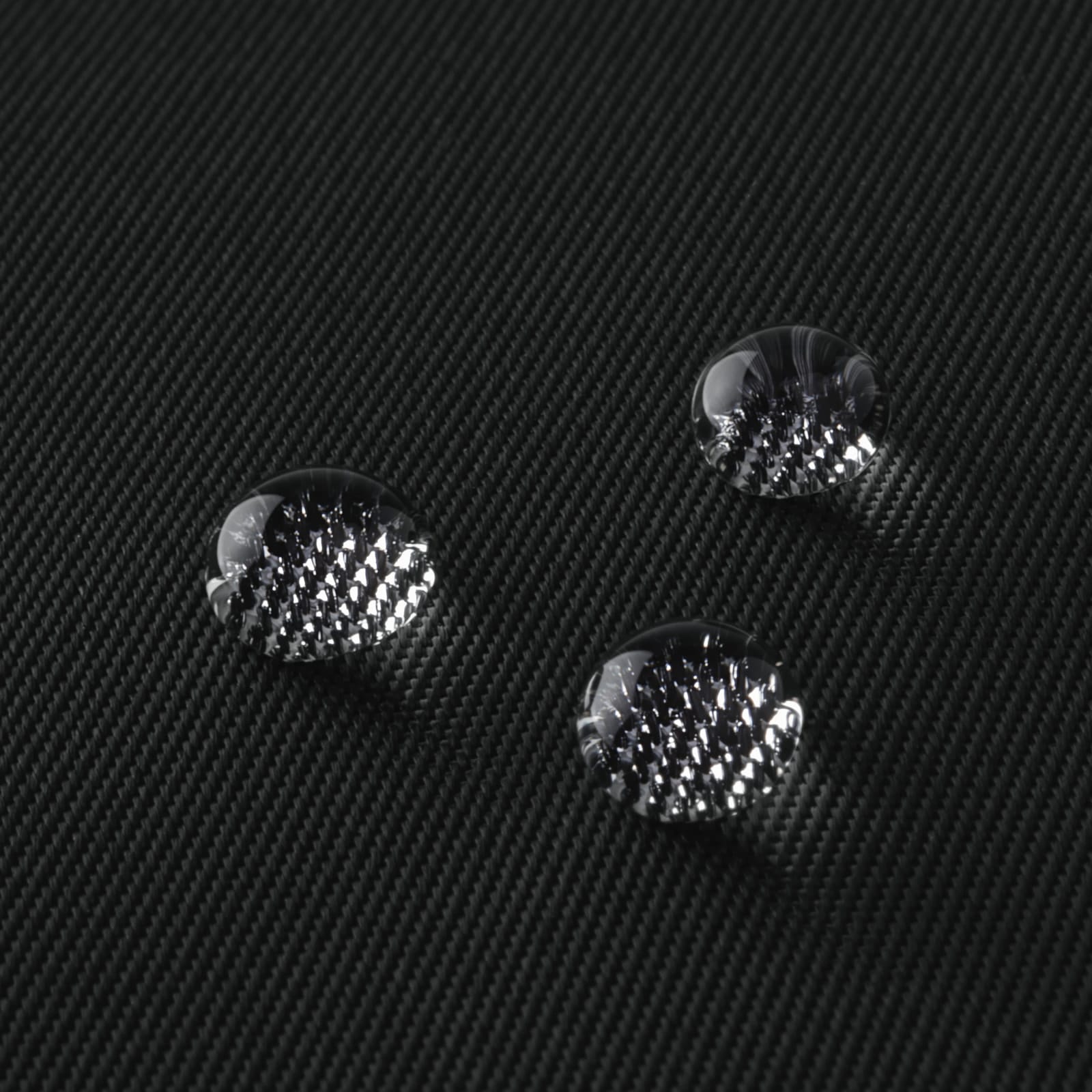 Water droplets resting on black woven fabric in MUJI’s product photograph