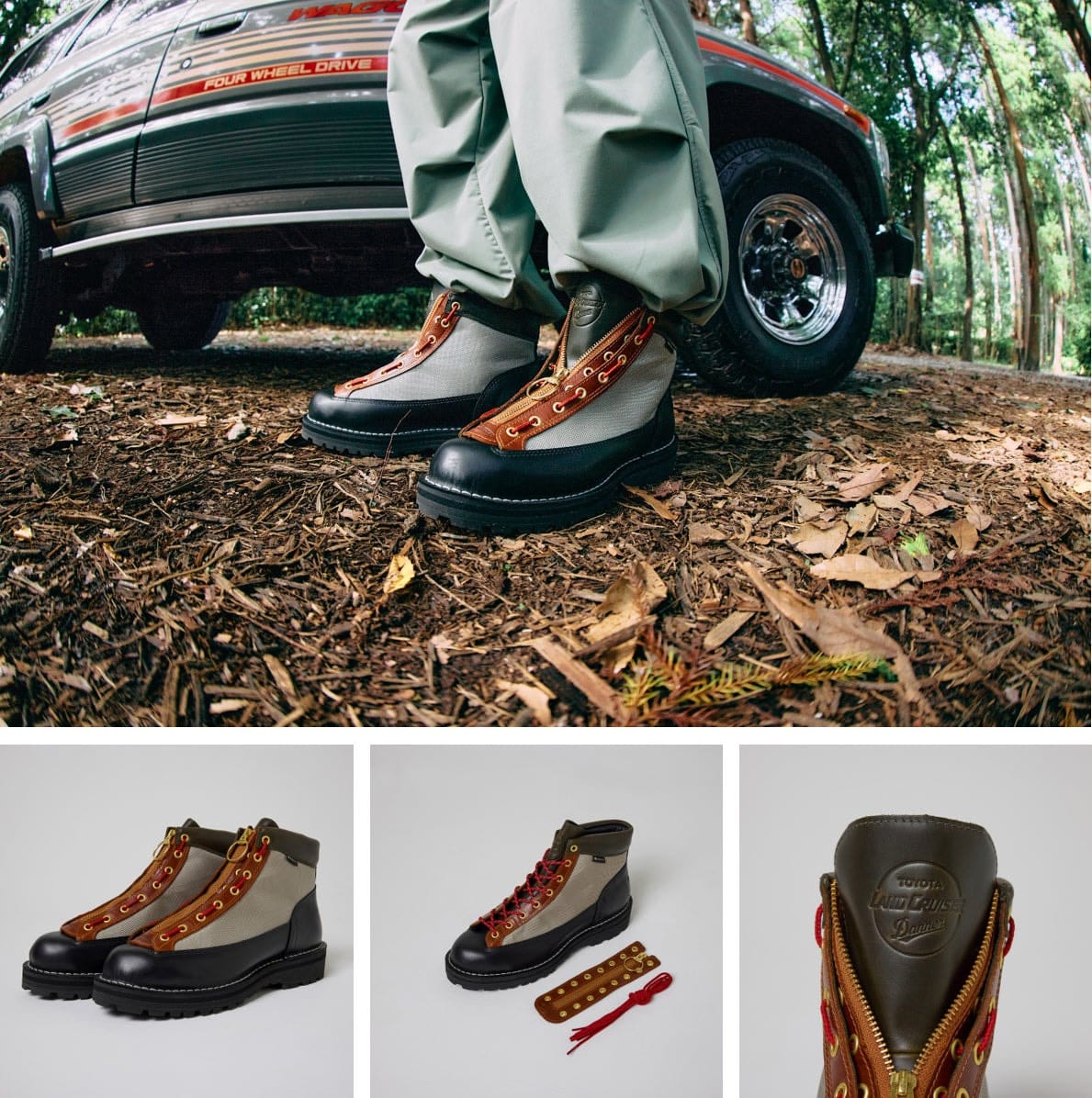 Official Field R Overland image board showing worn boots, zipper and lace options, and tongue branding.