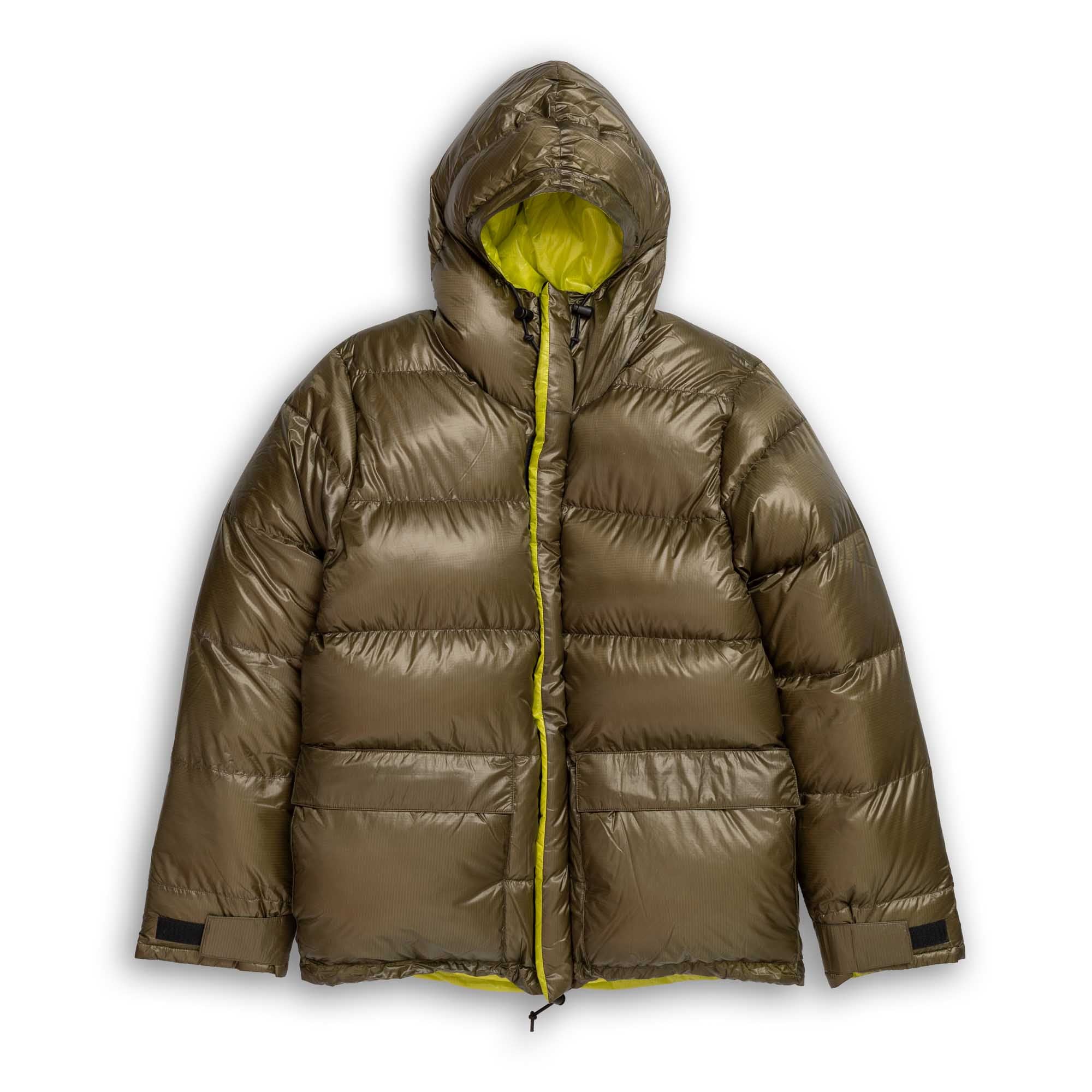Front view of the olive Alaska Sleeping Bag down parka with a hood and two flap pockets.