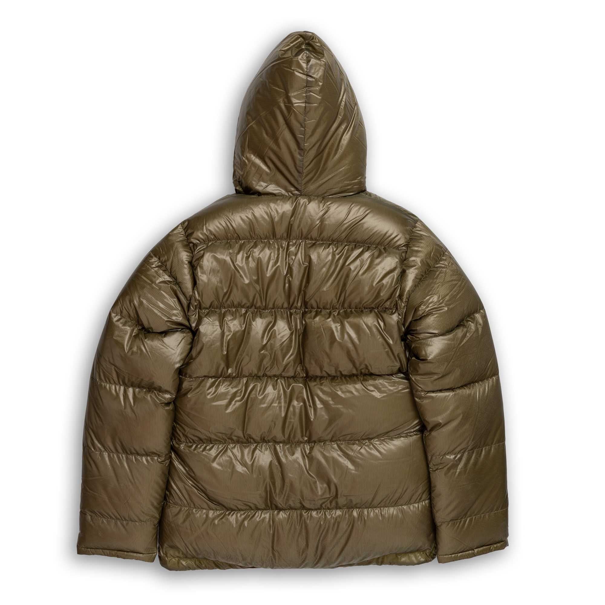 Back view of the olive Alaska Sleeping Bag parka showing its hood and horizontal quilting.