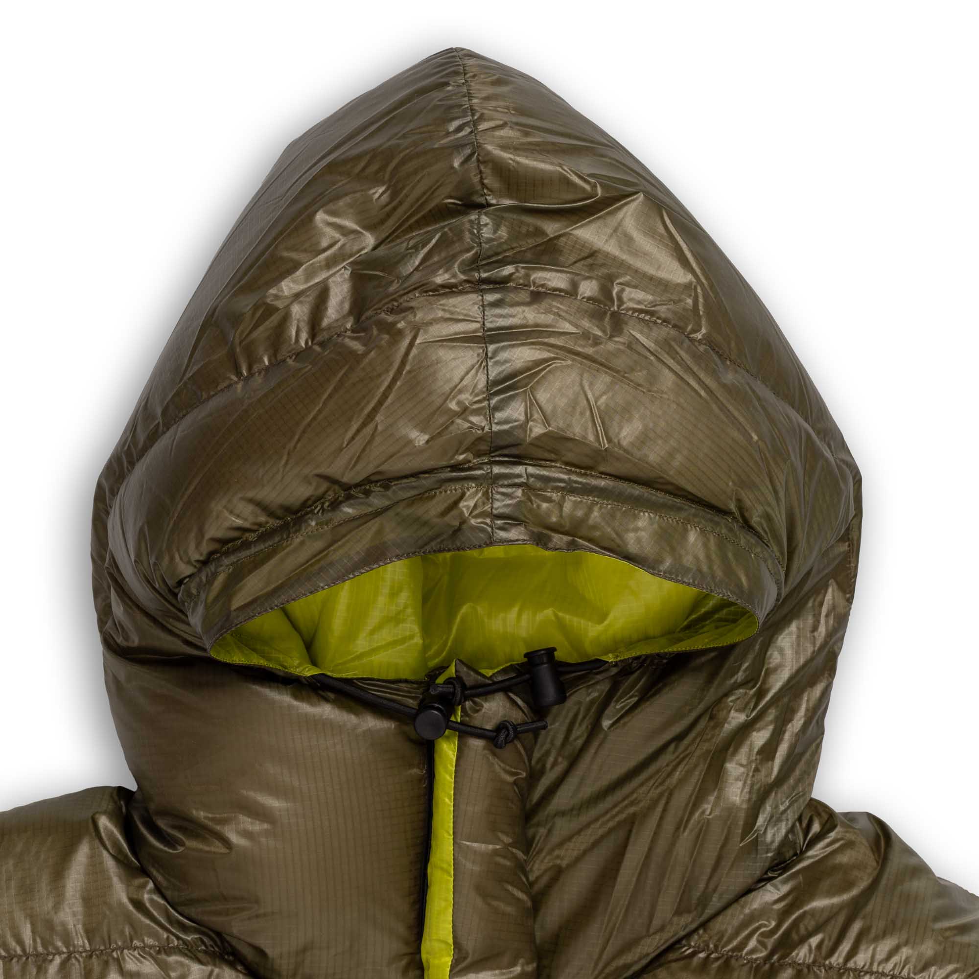 Close view of the olive parka hood with the front fastening raised.