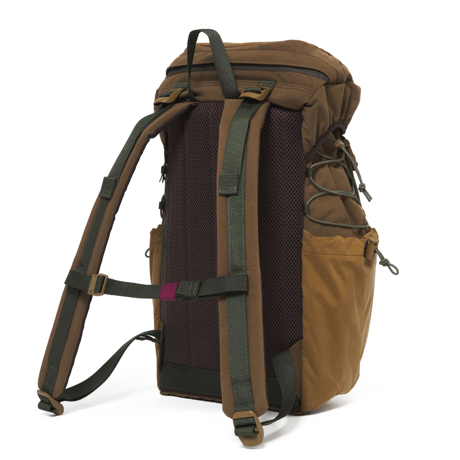 Rear view of the brown backpack showing its mesh back panel, adjustable shoulder straps and chest strap.