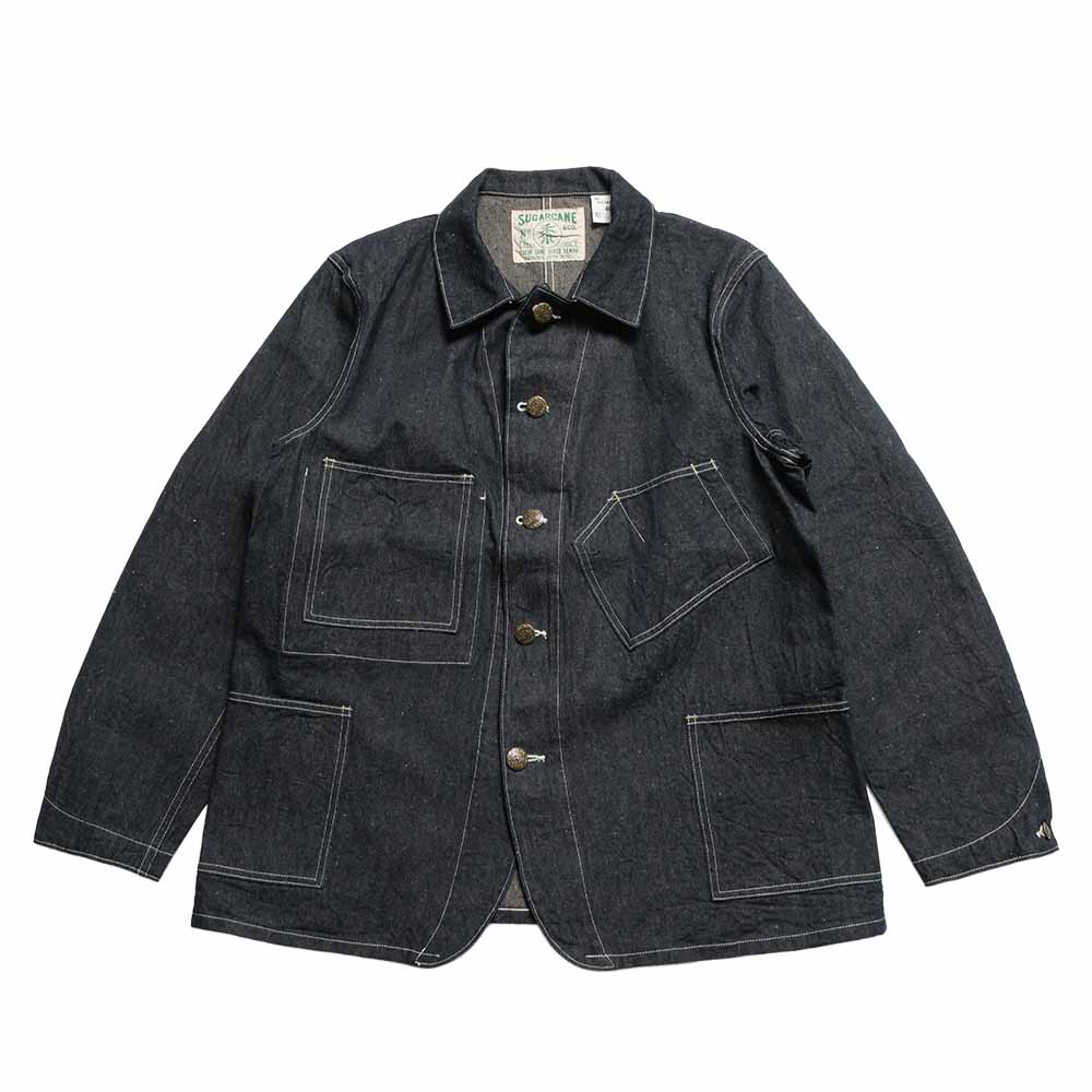 Front view of Sugar Cane SC15920 indigo denim work coat with an angled chest pocket.