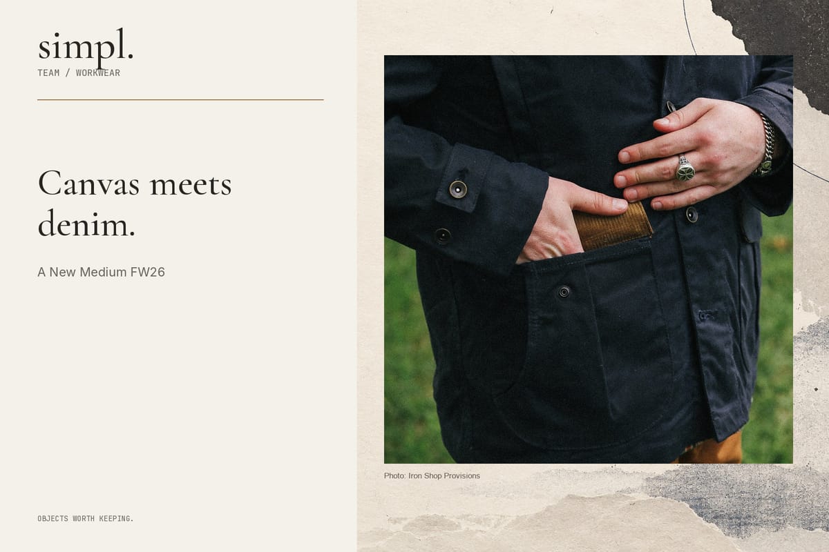 Pocket, cuff and waxed-canvas detail of A New Medium’s Sportsman’s Jacket inside the simpl. branded feature cover.