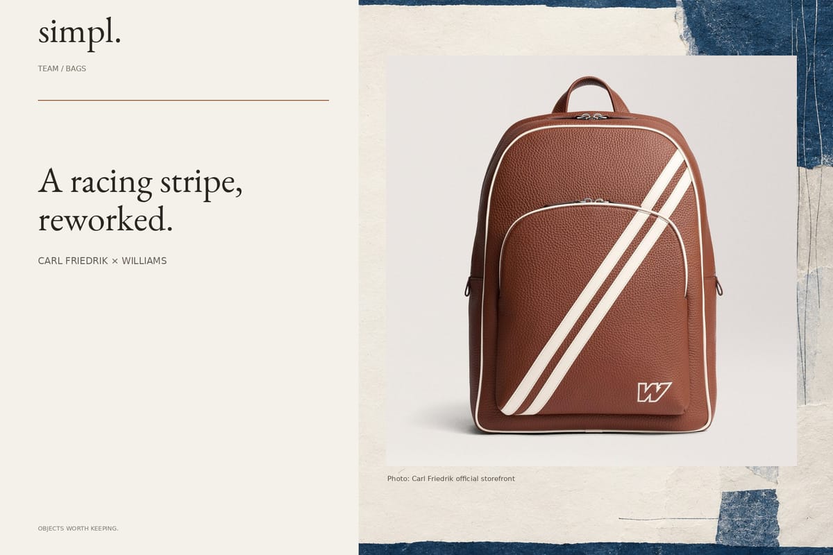 Carl Friedrik × Williams F1: CARL FRIEDRIK × WILLIAMS, official product photography in simpl. branded cover.