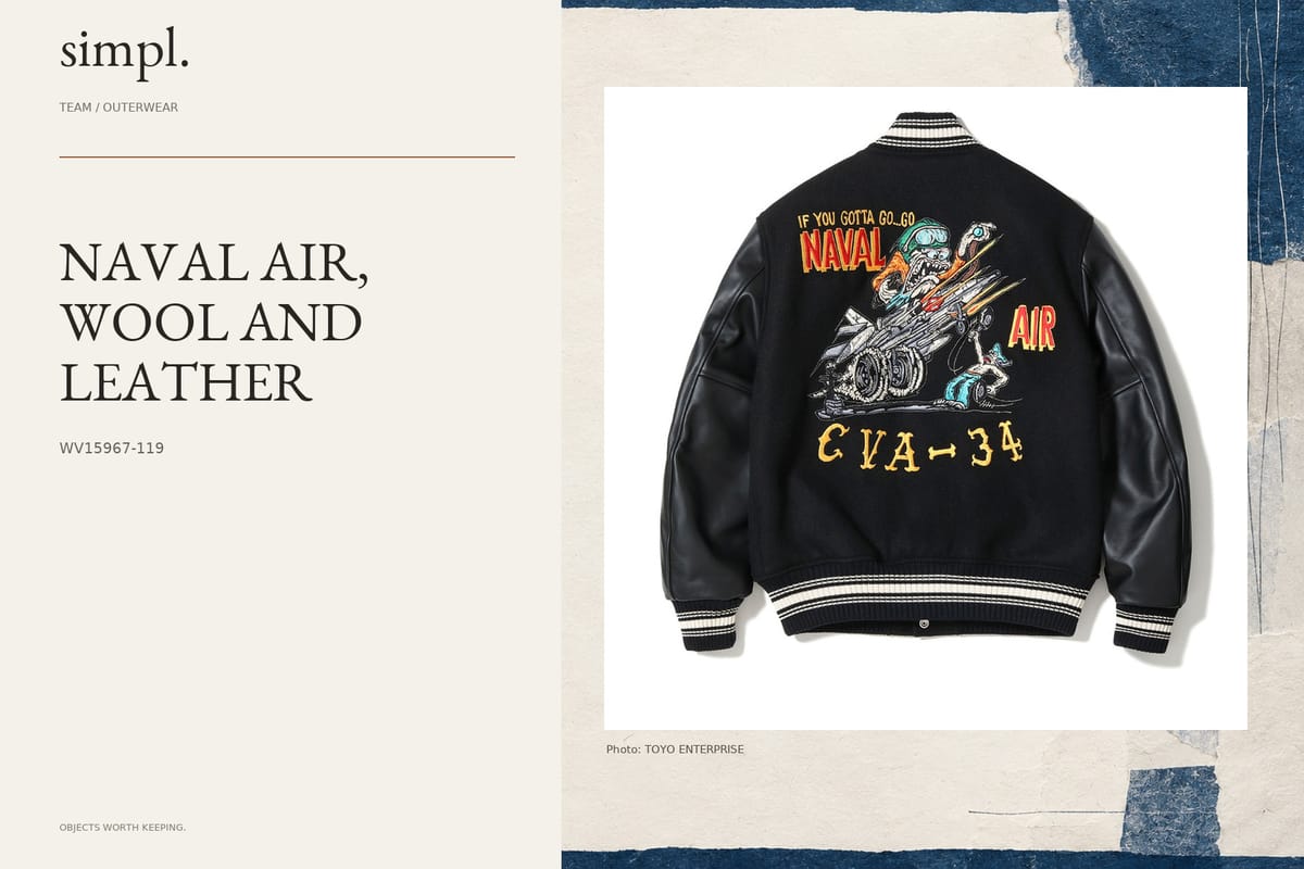 WHITESVILLE puts Naval Air artwork on its wool-and-leather award jacket — credited official product photograph in the simpl. cover.