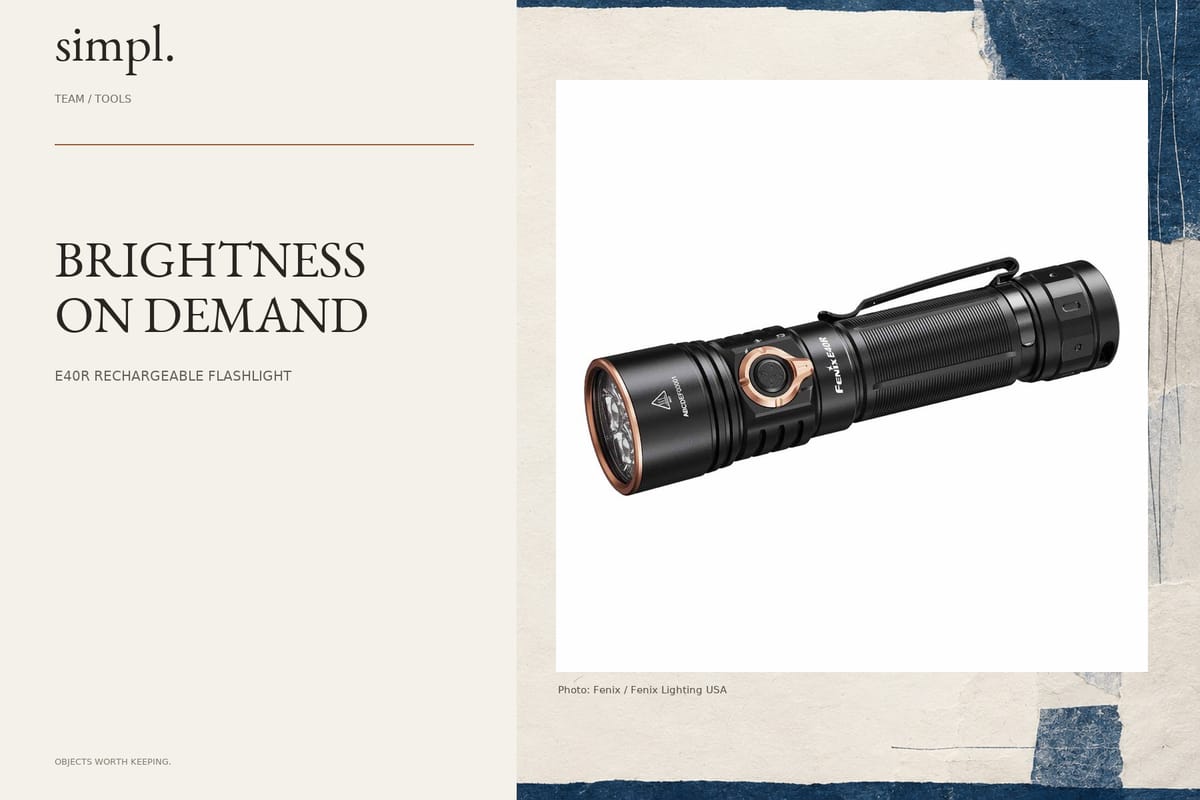 Fenix E40R adds a momentary 5000-lumen boost — credited official product photograph in the simpl. cover.