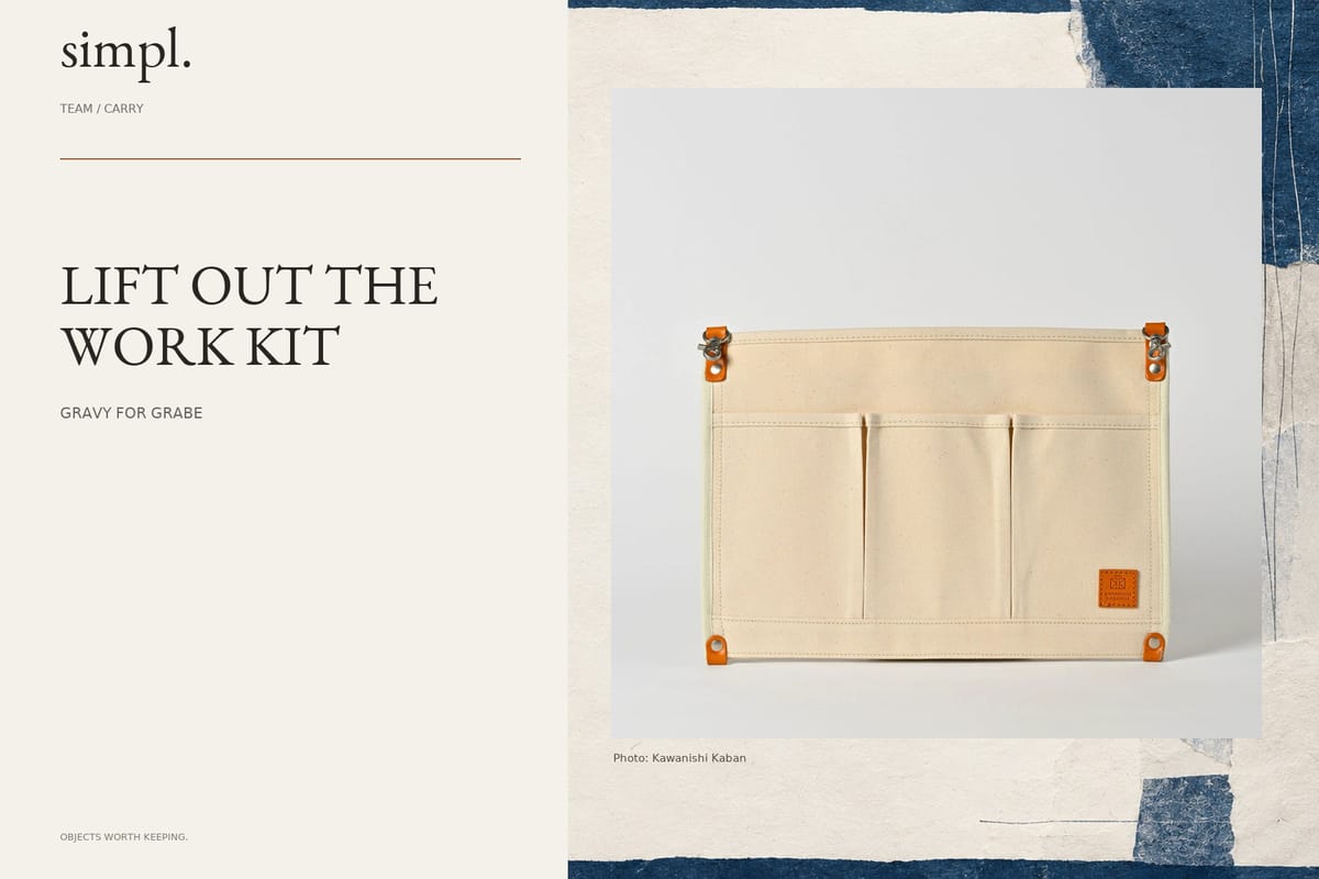 Kawanishi makes a removable work organiser for the grabe tote — credited official product photograph in the simpl. cover.