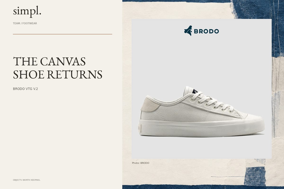 BRODO brings its VTG V.2 canvas sneaker back to the shop — credited official product photograph in the simpl. cover.