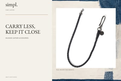 WILDSIDE adds a compact leather shoulder bag and a braided wallet cord — credited official product photograph in the simpl. cover.