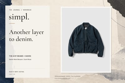 Editorial cover featuring the official HAVEN Exclusive Denim Work Blouson Sumi Rinse photograph on a paper collage background.