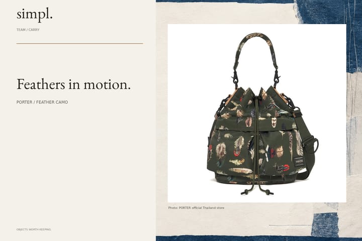 PORTER: PORTER / FEATHER CAMO, official product photography in simpl. branded cover.