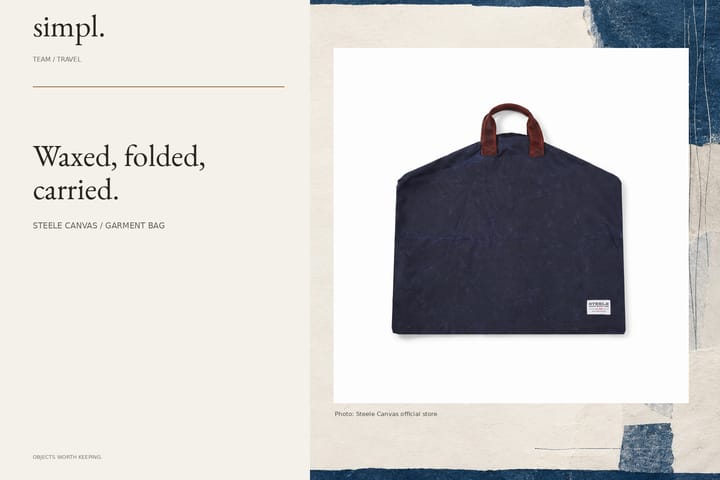 Steele Canvas: STEELE CANVAS / GARMENT BAG, official product photography in simpl. branded cover.