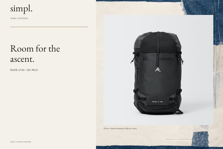 Raide Research: RAIDE LF40 / SKI PACK, official product photography in simpl. branded cover.