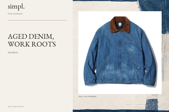 TUF-NUT gives its denim work jacket an aged finish — credited official product photograph in the simpl. cover.
