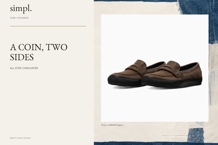 Converse puts a reversible coin in its waxed-leather loafer — credited official product photograph in the simpl. cover.