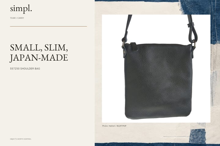 BLUFFPOP keeps the 557250 shoulder bag deliberately slim — credited official product photograph in the simpl. cover.