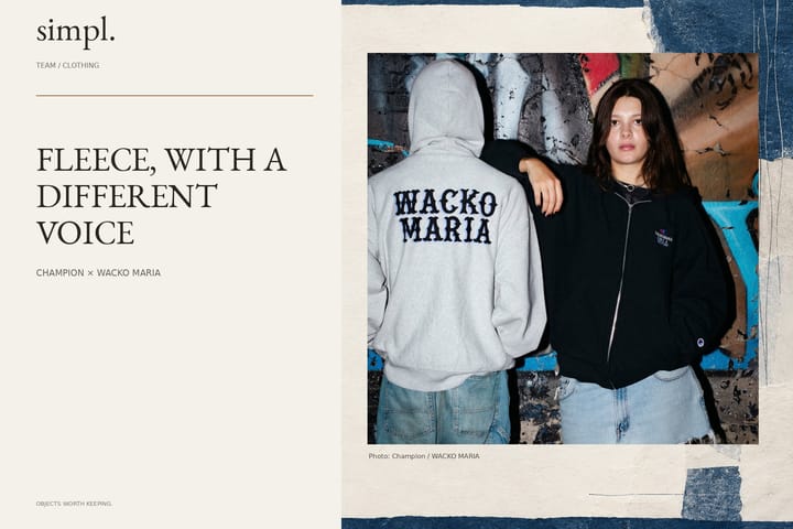Champion and WACKO MARIA put five Reverse Weave styles on the 31 October calendar — credited official product photograph in the simpl. cover.