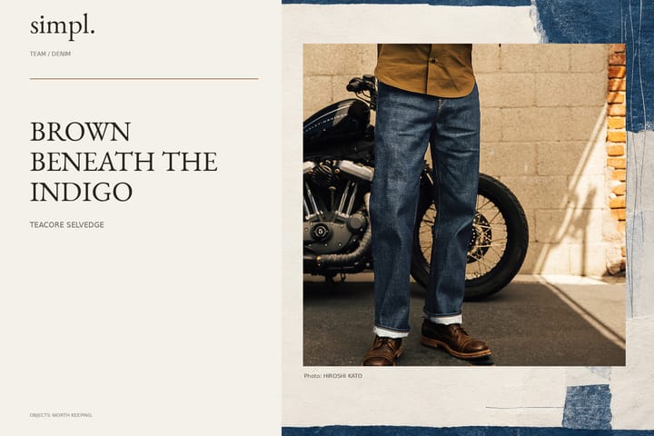 KATO brings brown-core indigo denim to its FW26 jeans — credited official product photograph in the simpl. cover.