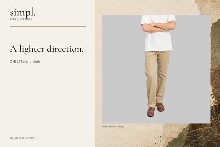 ONI khaki-beige chino jeans worn from the front, shown in a deliberate below-face crop inside the simpl. branded feature cover.
