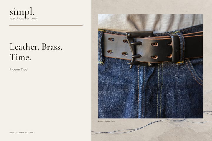 New riveted Pigeon Tree Ultimate Teacore belt worn through jeans belt loops.