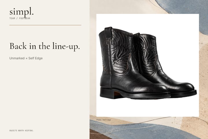 Pair of Self Edge x Unmarked black-bison roper boots, product 4080.