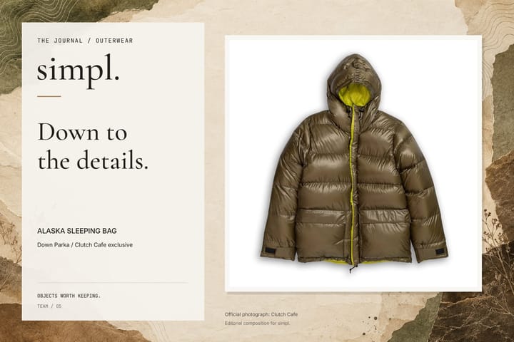 Editorial cover featuring the official Alaska Sleeping Bag Nylon Rip Stop Down Parka Olive photograph on a paper collage background.
