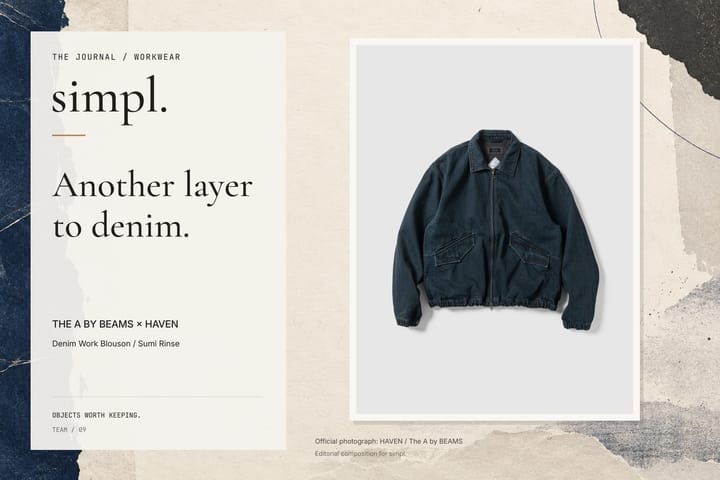 Editorial cover featuring the official HAVEN Exclusive Denim Work Blouson Sumi Rinse photograph on a paper collage background.