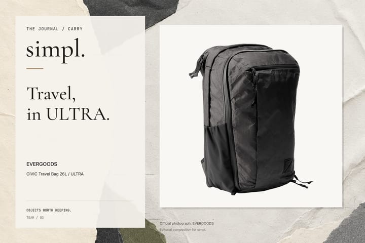 Editorial cover featuring the official CIVIC Travel Bag 26L — ULTRA photograph on a paper collage background.