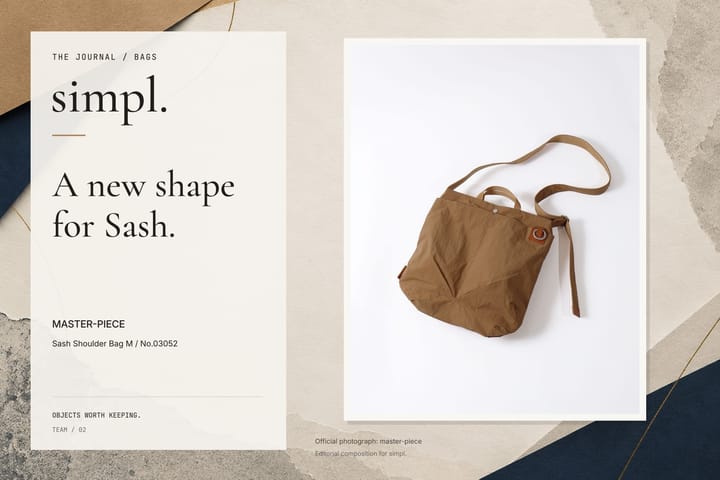 Editorial cover featuring the official Sash Shoulder Bag M No.03052 photograph on a paper collage background.