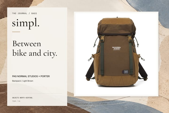 Editorial cover featuring the official Pas Normal Studios × PORTER Backpack, Brown / Light Brown photograph on a paper collage background.